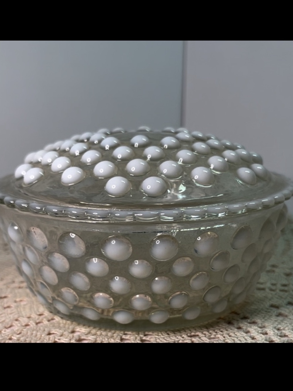 Vintage Opalescent Hobnail Glass Covered Candy Dish / Trinket Box